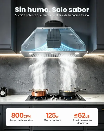 Vista 2 de VEVOR Campana de Ventilación Integrada, 800CFM 3-Velocidades, Campana de Cocina de Acero Inoxidable de 36 Pulgadas con Control de Botón de Impulso
