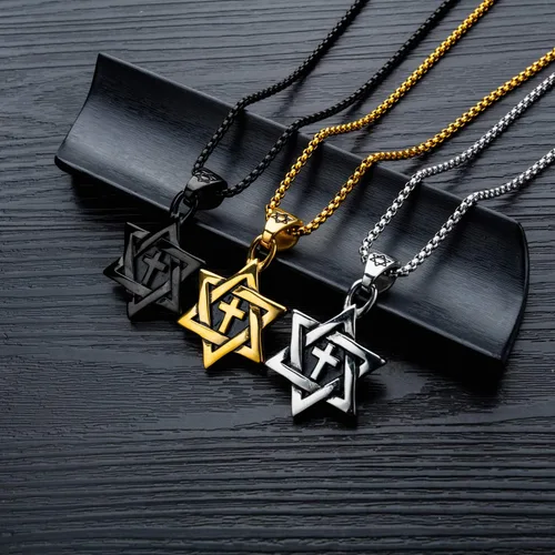 Vista 7 de Herinos Collar de cruz de acero inoxidable para hombre, collar con colgante de estrella hexagonal de David, cadena de bordillo de 21.6 pulgadas