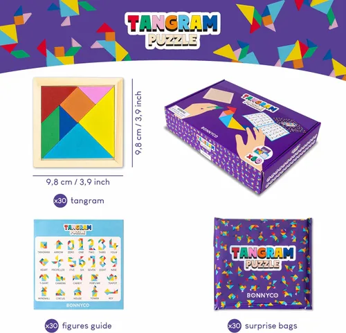 Vista 2 de BONNYCO Tangram Puzzle Paquete de Madera de 30 Recuerdos de Fiesta para Niños. Rellenos de Bolsas de Dulces para Niños de 3-5, 4-8, Regalos