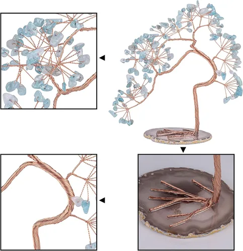 Vista 2 de rockcloud Árbol de dinero de cristal aguamarina con base de ágata, árbol bonsái de Feng Shui de la suerte para decoración de oficina y hogar