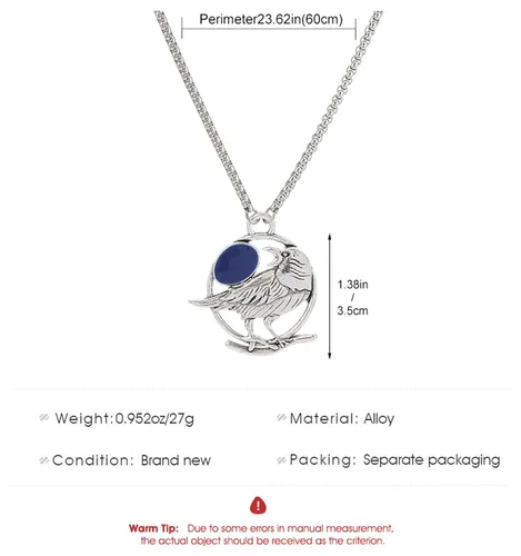 Vista 4 de Zeshimb Collar de pájaro con piedras preciosas de plata, cadena de cuervo, collar con colgante de cuervo de cristal azul, collar de clavícula
