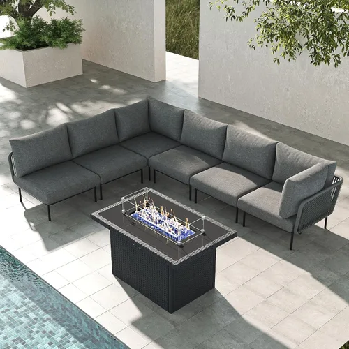 Vista 49 de LayinSun Juego de muebles de patio de aluminio de 7 piezas, sofá modular moderno con mesa auxiliar y cojín de grosor mejorado Gris claro