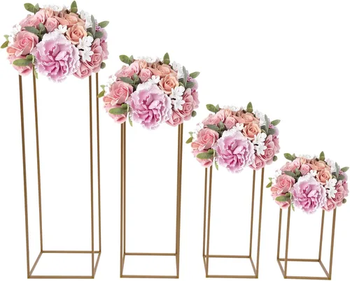Vista 11 de 10 soportes de metal para centros de mesa de boda, jarrones de columna, soporte de flores de boda, soporte rectangular geométrico dorado