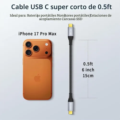 Vista 5 de ZeroneTeck Cable USB C de 40Gbps para Thunderbolt 4 de 0.5 pies, 6 pulgadas, transferencia de datos de 40Gbps, [8K@60Hz/Dual 4K@60Hz] Cable corto