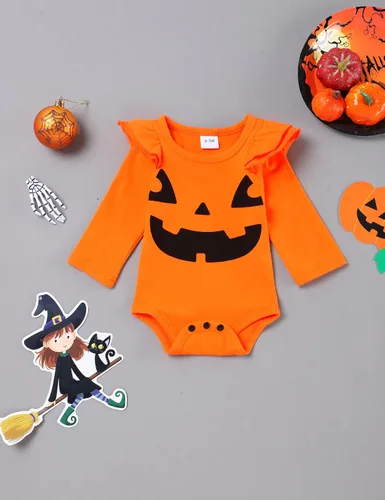 Vista 2 de Conjunto de ropa de Halloween para recién nacido, con volantes, tirantes, calabaza, murciélago, fantasma, falda con diadema