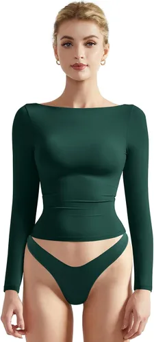 Vista 9 de SUUKSESS Camiseta de mujer con cuello redondo, manga larga, doblemente forrada, ajustada y corta