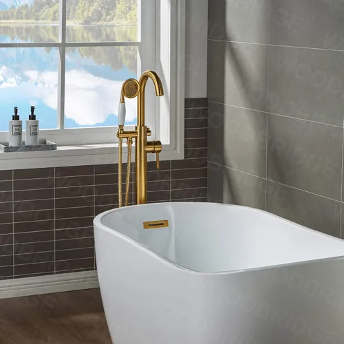 Vista 7 de WOODBRIDGE Grifo de llenado de bañera independiente contemporáneo de una sola manija con ducha de mano en acabado dorado cepillado, F0007-BGVT