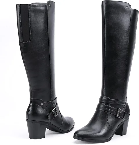 Vista 6 de EETTARO Botas de tacón medio para mujer, hasta la rodilla, botas de invierno con hebilla elástica