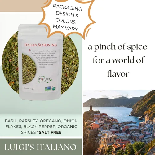 Vista 4 de Luigi's - Condimento italiano, condimento italiano clásico orgánico rico y robusto, bolsa pequeña sin sal, condimento italiano Luigi's, 1.2 onzas