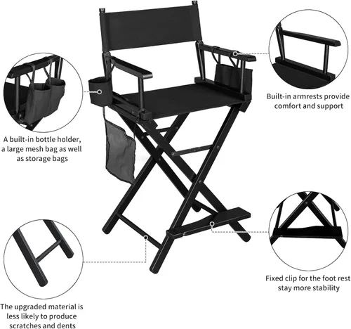 Vista 4 de mefeir Silla de director mediana y alta de 24 pulgadas de altura, maquillaje de artista plegable con cubierta de repuesto, bolsas laterales