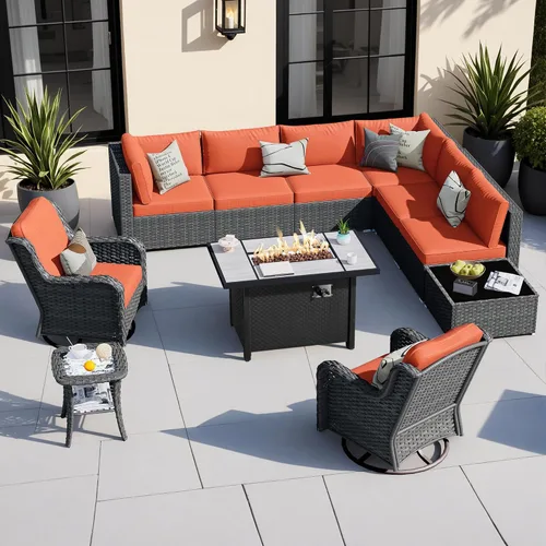 Vista 40 de HOOOWOOO Juego de sofá modular para patio al aire libre, 7 piezas en forma de U, juego de sofá de mimbre rústico para 6 personas, juego de Beige