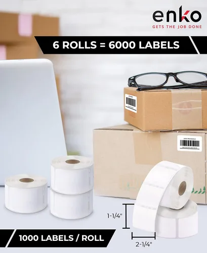 Vista 2 de enKo (6 rollos/6000 etiquetas) Código de barras multiusos compatible con Dymo 30334 (1-1/4 pulgadas x 2-1/4 pulgadas)