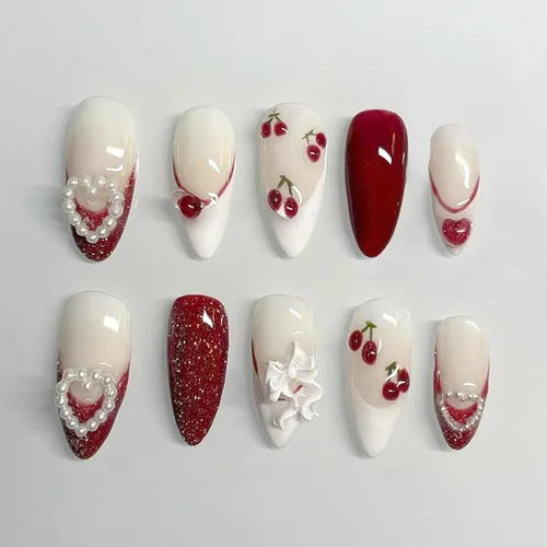Vista 32 de 24 piezas de uñas postizas de punta francesa a presión, uñas postizas medianas en forma de almendra con diseño de ondas azul oscuro, uñas postizas