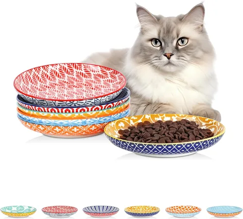 Vista 12 de Selamica Cuencos de cerámica para gatos, 6 pulgadas de ancho poco profundos para aliviar la fatiga de los bigotes, juego de 4, colores surtidos