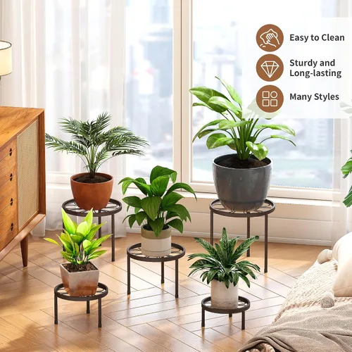 Vista 3 de Paquete de 5 soportes metálicos para plantas de interior y exterior, resistentes soportes de hierro antioxidante para macetas, soporte para macetas
