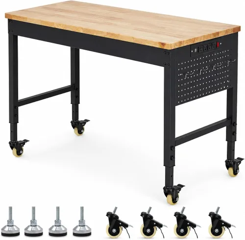 Vista 14 de Banco de trabajo ajustable resistente de 48 x 24 x 1.2 pulgadas con parte superior de madera de goma, almacenamiento de cajones, tira