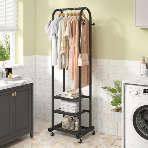 Vista 6 de Kaitiemoo Perchero de ropa resistente con ruedas, moderno perchero con 3 estantes de metal, estante de exhibición de 71.8 pulgadas para colgar ropa
