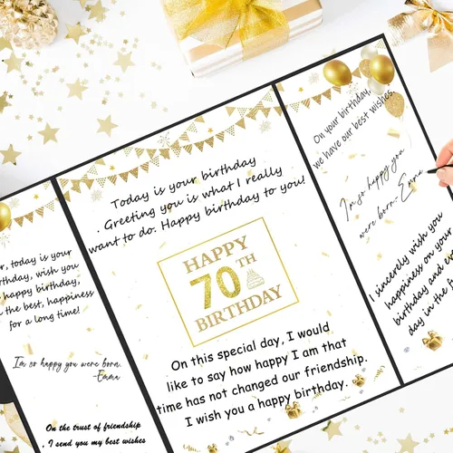 Vista 5 de Roetyce Decoraciones de cumpleaños de 70 años, libro de invitados de feliz cumpleaños 70 de oro negro, regalos de cumpleaños 70 para mujeres