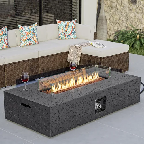 Vista 19 de COSIEST mesa cuadrada de propano para exteriores de arenisca con protector contra el viento, certificada, quemador de acero inoxidable de 50,000