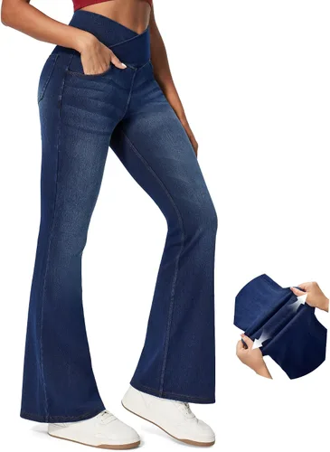 Vista 9 de IUGA Jeans de Cintura Alta Acampanados para Mujeres, Jeans Elásticos Acampanados Pull On de Pierna Ancha, Pantalones Leggings Acampanados con Cruz