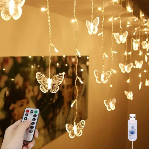 Vista 10 de Butterfly Curtain Lights 13ft 96 LED Twinkle Fairy Lights 8 Modes String Lights with Remote, Butterfly Hanging Decoration for Bedroom Dorm Wall