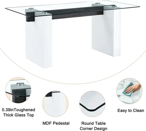 Vista 3 de Juego de mesa de comedor de vidrio de 71 pulgadas para 6, mesa de comedor para 6, mesa de vidrio templado con marco de MDF blanco y 6 sillas