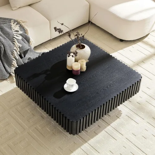 Vista 3 de Mesa de Centro Cuadrada de 35.43'' para Sala de Estar Mesa de Centro Acanalada Mesa Central Moderna con Pedestal para Apartamento Negro