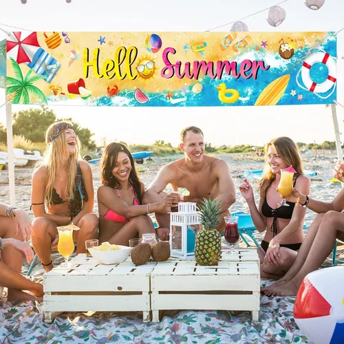 Vista 5 de Decoraciones de fiesta de verano en la playa, pancarta para piscina, tabla de surf, suministros de fiesta, letrero grande para patio hawaiano
