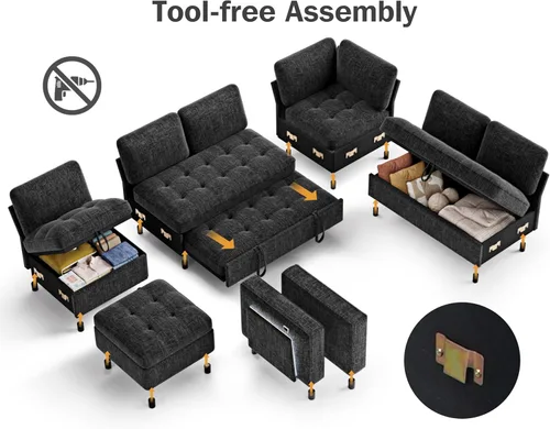 Vista 4 de Vipbear Sofá cama modular en forma de L de 7 asientos con otomana/cama extraíble/respaldo reclinable/puertos USB/mesa/luz LED/asiento de Negro