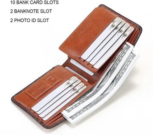Vista 23 de Billetera de piel triple con bloqueo RFID para hombre con 2 ventanas de identificación, 2 compartimentos para efectivo, 6-8 ranuras para tarjetas