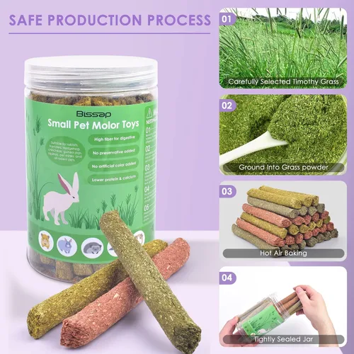 Vista 6 de Bissap 36 palitos masticables de conejo, mezcla natural de Timothy, heno, avena, zanahoria, conejito, juguetes masticables y golosinas para conejos