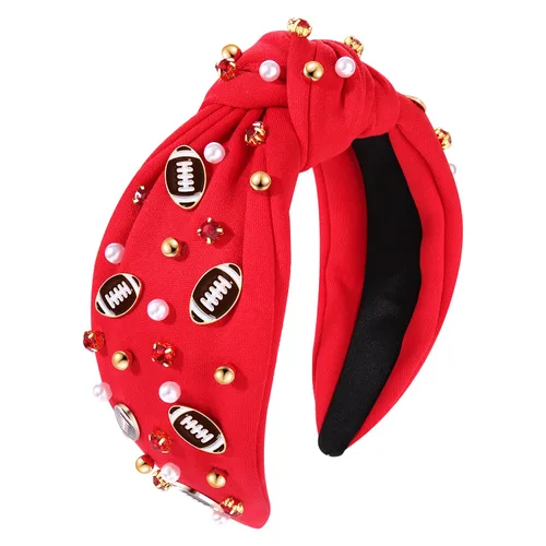 Vista 19 de Diadema de fútbol para mamá, accesorios de perlas con diamantes de imitación anudados, banda ancha para el pelo negra, diadema de nudo superior