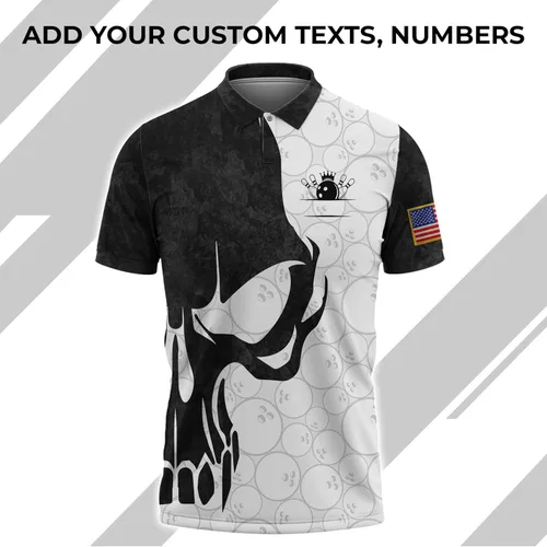 Vista 6 de Camiseta polo de boliche personalizada para hombre, bola de bolos y alfileres de bandera americana, camiseta básica de golf My Bowling Artículo