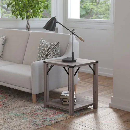Vista 2 de Flash Furniture Wyatt - Mesa auxiliar moderna de 2 niveles, marco de madera de ingeniería gris lavado, soportes laterales entrecruzados de metal