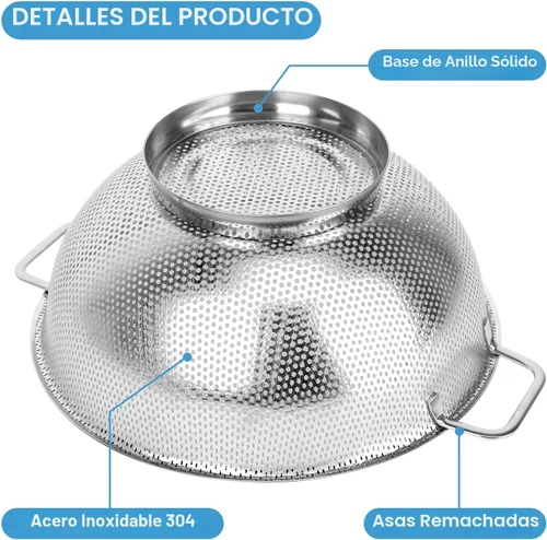 Vista 4 de Colador para cocina, 3QT, colador filtro de acero inoxidable con asa para frutas, verduras, cocinar alimentos, apto para lavavajillas