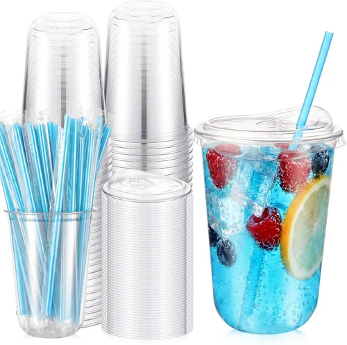 Vista 18 de Ziliny Paquete de 50 vasos de plástico transparente negro de 12 onzas con tapas y popotes, vasos desechables para mascotas, taza de café helado