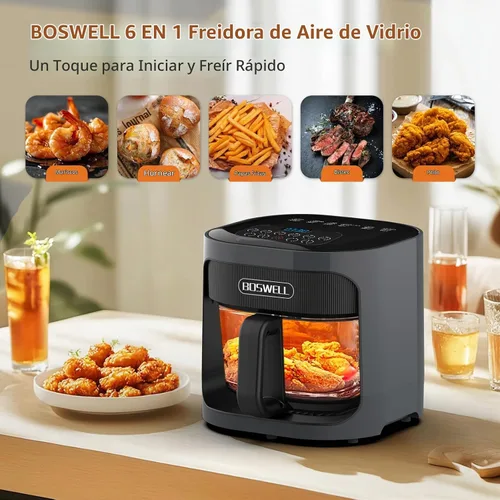 Vista 2 de [Usado] BOSWELL Freidora de aire de vidrio de 4.5 QT, Freidora de aire de 6 EN 1 no tóxica, control de temperatura, panel inteligente de 5 menús Gris