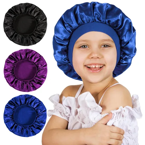 Vista 10 de 3 gorros para niños, gorros para niñas, gorro de seda satinada para dormir, gorro de dormir de banda ancha suave para trenzas de cabello rizado