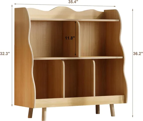 Vista 2 de Estantería para niños y organizador de juguetes Treocho, estantería de madera para niños de 3 niveles con diseño curvo, 5 compartimentos