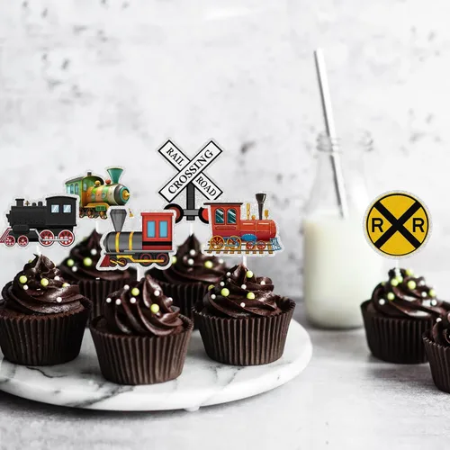 Vista 4 de Decoración para magdalenas de postre de tren, 18 piezas de decoración de cupcakes de fiesta de ferrocarril, transporte de tráfico, decoración