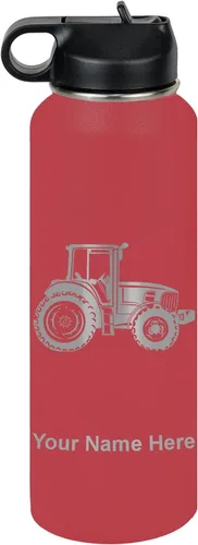 Vista 13 de LaserGram Botella de agua personalizada, tractor agrícola, acero inoxidable de doble pared aislada al vacío con popote superior, regalo grabado
