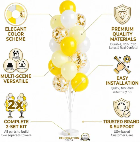 Vista 3 de Hiins Juego de 2 globos de confeti para árbol con base, decoración de poste para fiesta Bee Lemon,Wedding Baby Shower Party Decor,Includes a base