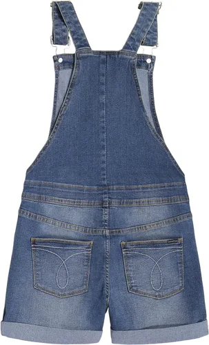 Vista 2 de Calvin Klein Girls' Stretch Denim Shortalls, Boyfriend Fit Jean Overalls with Adjustable Straps