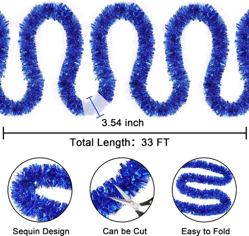 Vista 2 de Guirnalda de oropel azul metálica de 33 pies para árbol de Navidad, guirnalda brillante con torsión para decoraciones de árbol de Navidad, guirnalda