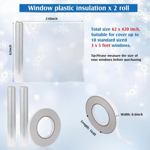 Vista 4 de Frienda Kit de aislamiento de ventana de 2 rollos para invierno, cada rollo de 62 x 210 pulgadas, kit de aislamiento de plástico para ventanas