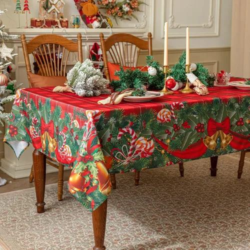 Vista 3 de Softalker Mantel rectangular navideño - Rojo tartán a cuadros impreso con campanas de Navidad y caramelos, manteles de poliéster lavables de tela