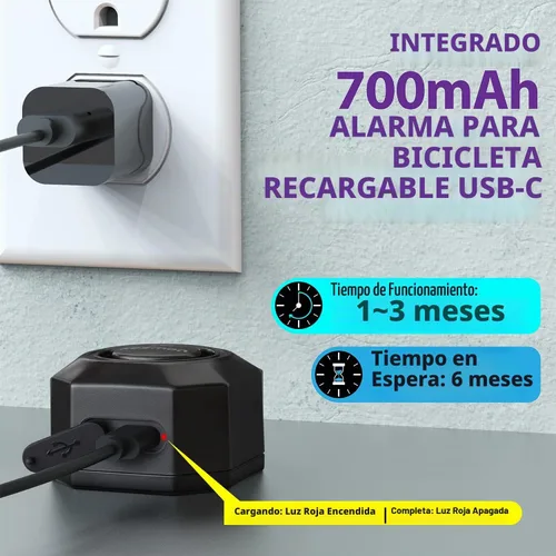 Vista 6 de Fosmon Alarma de bicicleta recargable USB-C con control remoto, impermeable IP55, inalámbrica, sensor de vibración y movimiento de 110dB, sistema