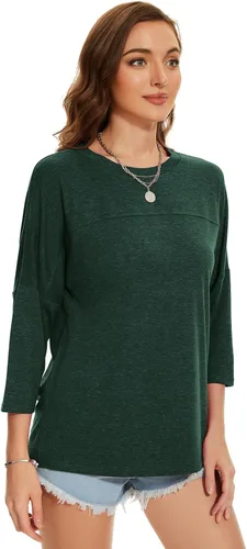 Vista 138 de ZENNILO Camisetas casuales de manga 3/4 para mujer, holgadas, cuello redondo, lindas camisetas básicas