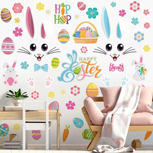 Vista 7 de Kajaia 4 piezas Adhesivos de puerta de Pascua felices Adhesivos de refrigerador Huevo de Pascua Flor de Pascua Conejo de Pascua Adhesivos de pared