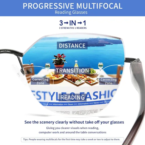 Vista 4 de Gafas de lectura multifocales progresivas para mujer, ojo de gato, sin línea, multifoco, transición, luz azul, marco de metal
